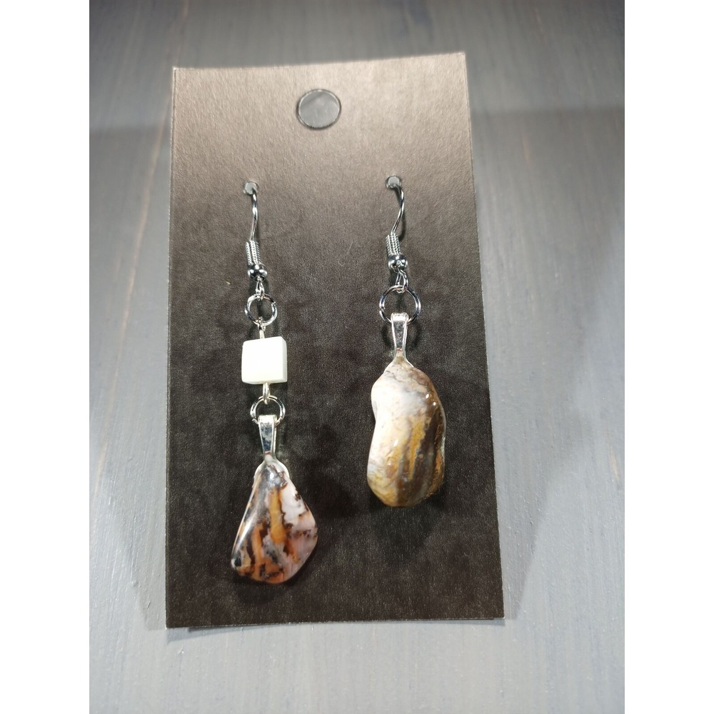 Lionskin Stone Asymmetrical Dangle Earrings Nickel Free Silver Tone Earthy Boho‎